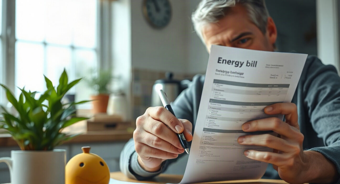 UK homeowner reviewing an energy bill at a kitchen table