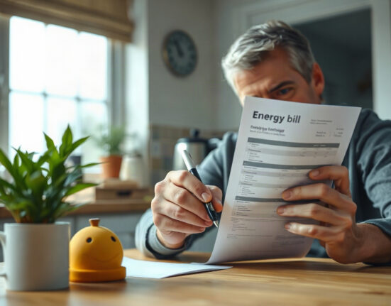 UK homeowner reviewing an energy bill at a kitchen table