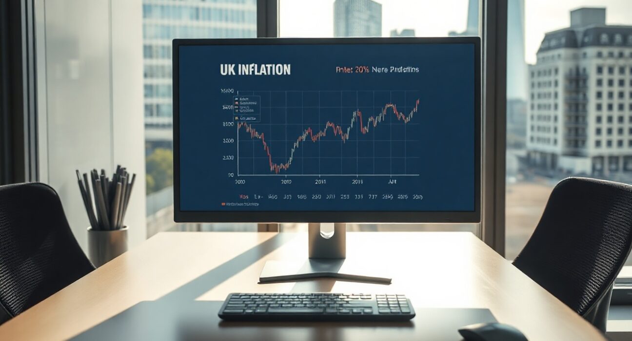 Financial chart on a monitor in a modern office, representing UK inflation analysis and interest rate outlook.