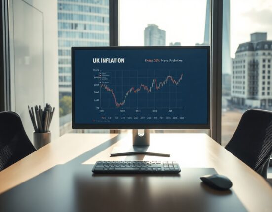 Financial chart on a monitor in a modern office, representing UK inflation analysis and interest rate outlook.