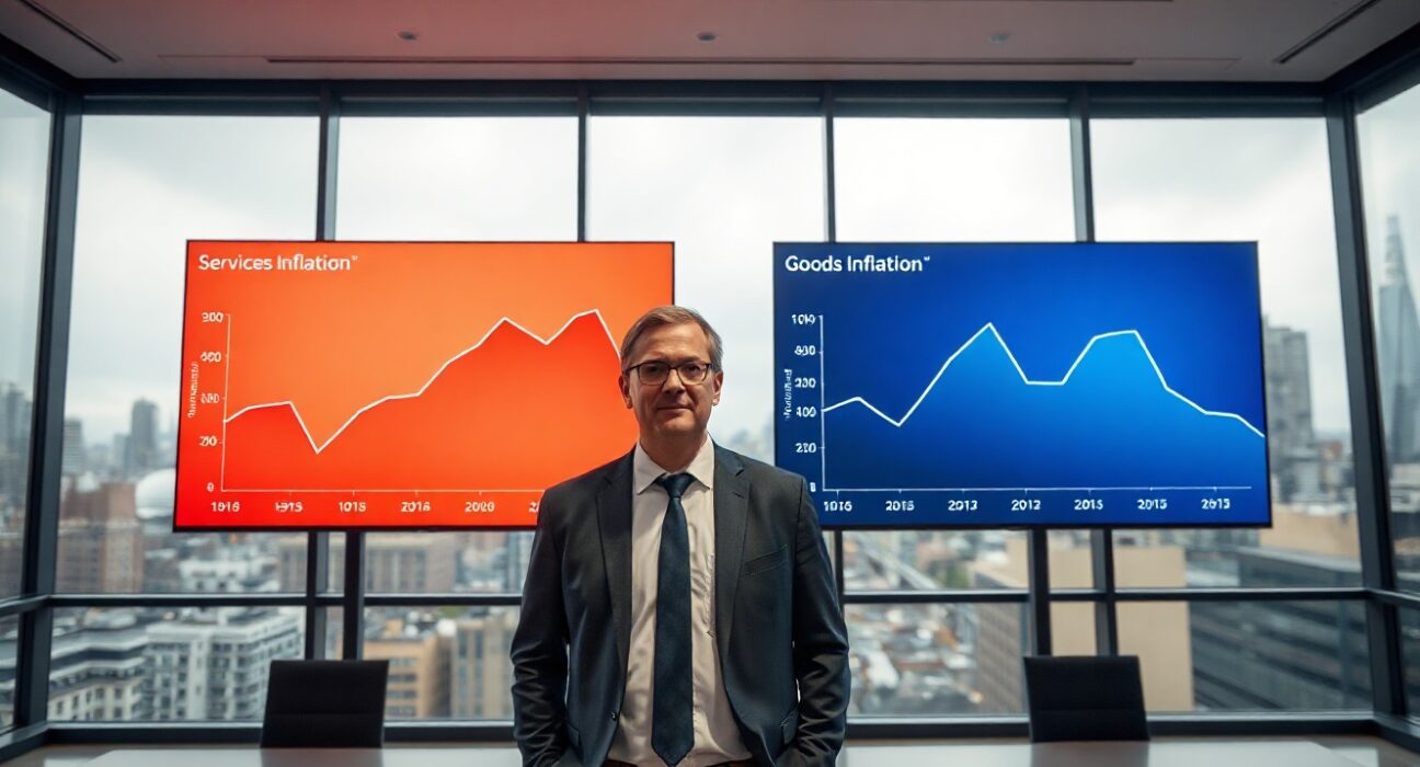 Financial analyst reviewing UK inflation data on digital screens in a London office