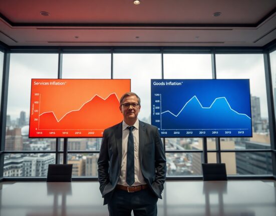 Financial analyst reviewing UK inflation data on digital screens in a London office