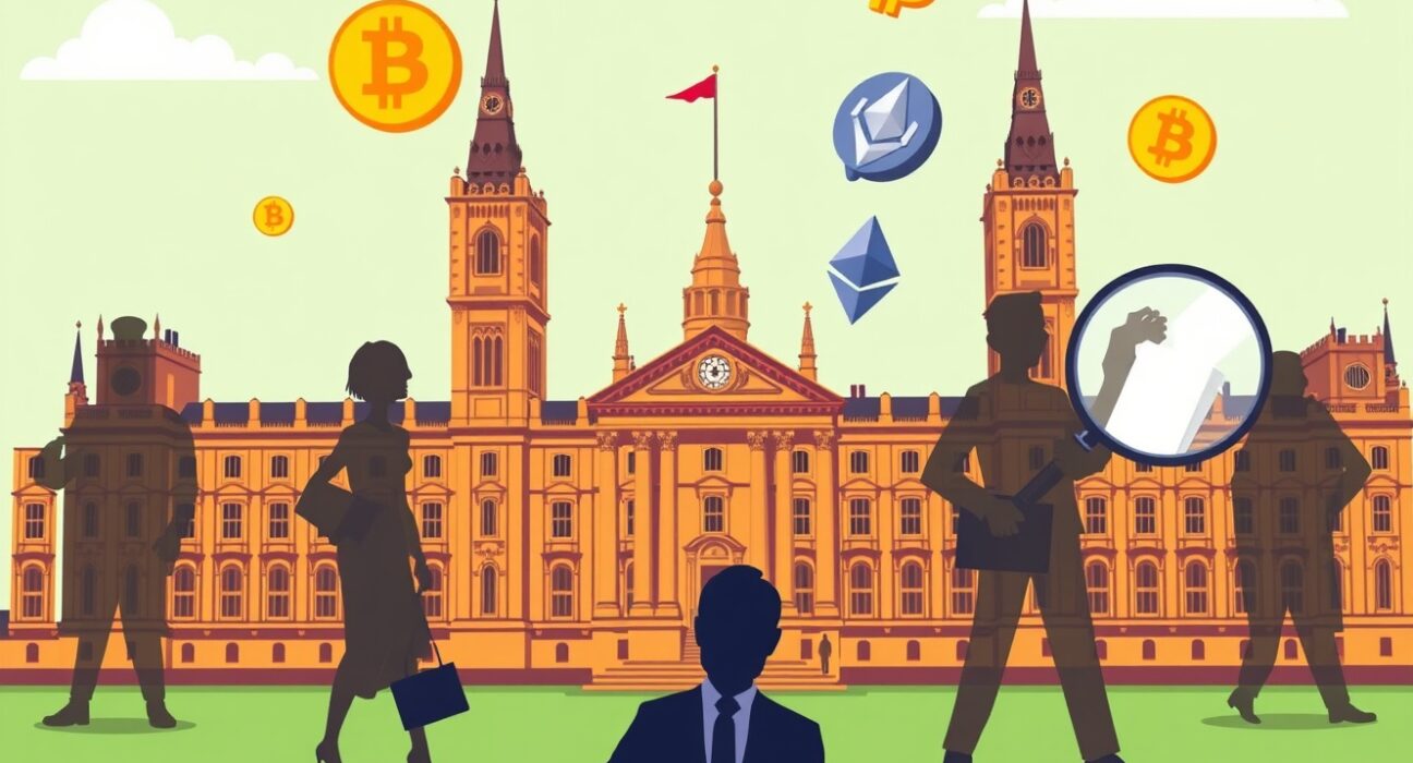 UK investigation into foreign interference in political funding through cryptocurrency illustrated with parliament and digital coins