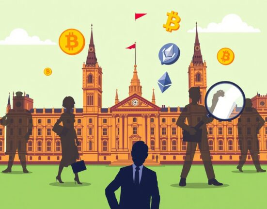 UK investigation into foreign interference in political funding through cryptocurrency illustrated with parliament and digital coins