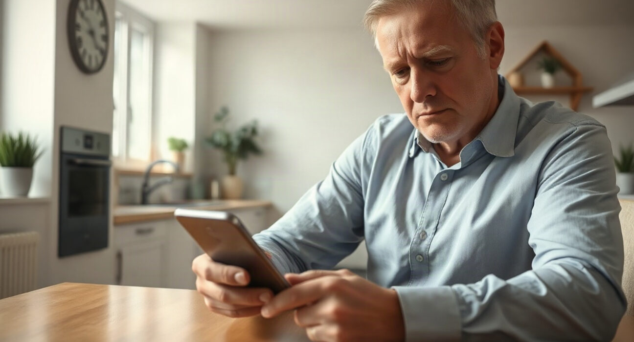 A UK investor looking at a rising gold price chart on a smartphone, showing regret and hesitation.