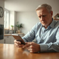 A UK investor looking at a rising gold price chart on a smartphone, showing regret and hesitation.