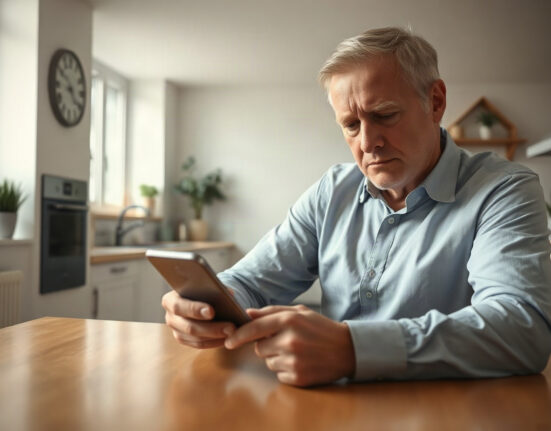 A UK investor looking at a rising gold price chart on a smartphone, showing regret and hesitation.