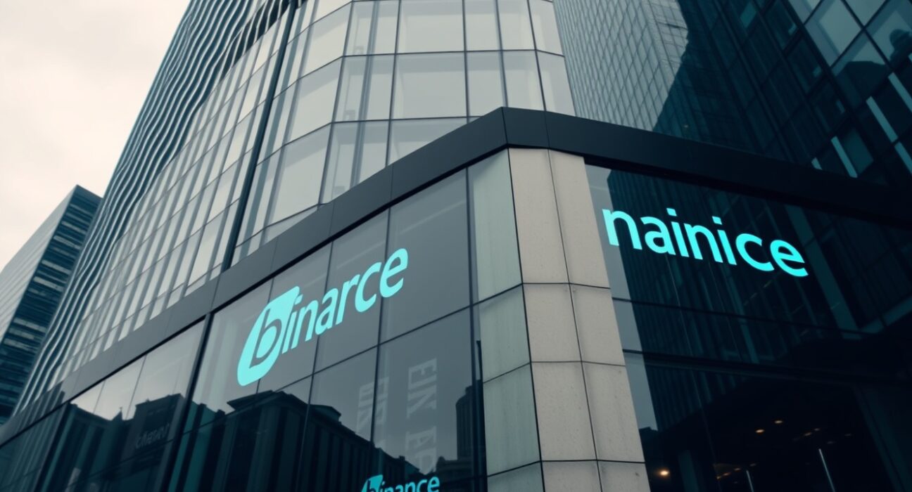 Modern financial building in London reflecting a digital Binance logo, symbolizing the lawsuit.