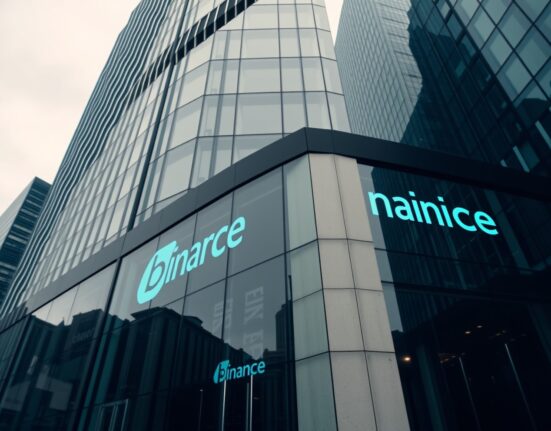 Modern financial building in London reflecting a digital Binance logo, symbolizing the lawsuit.