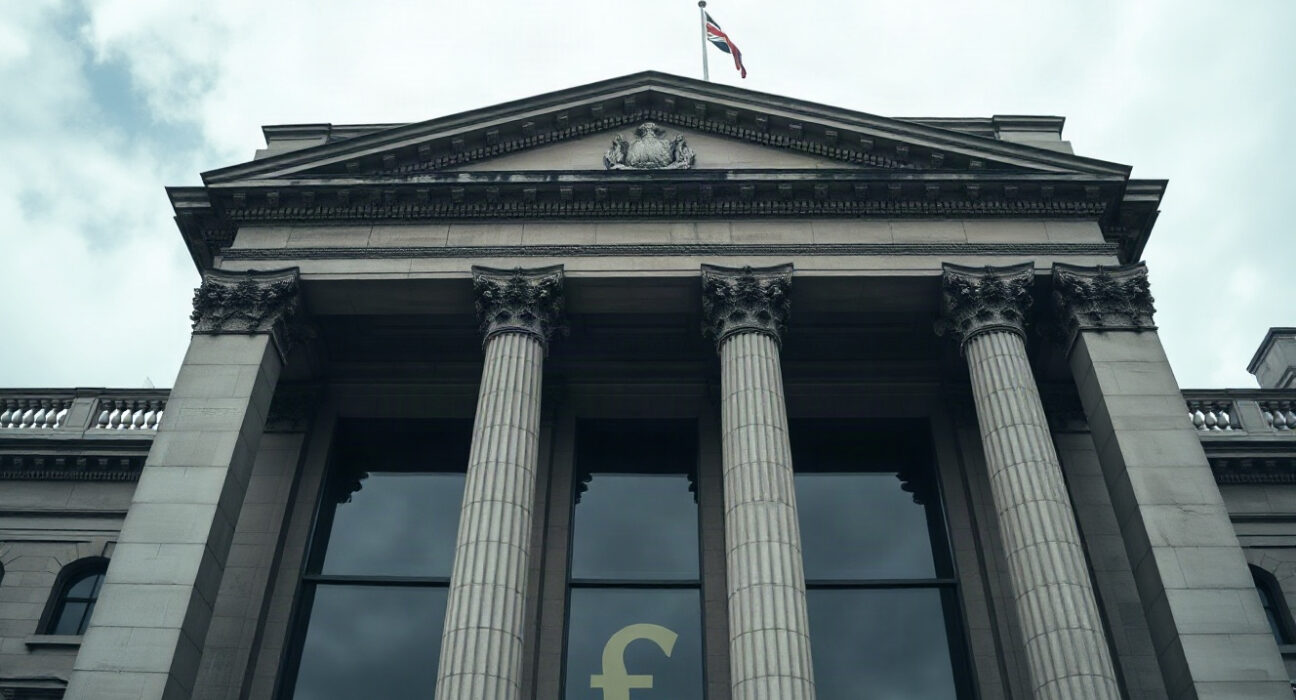 Bank of England building in London on a cloudy day, symbolizing UK monetary policy uncertainty.