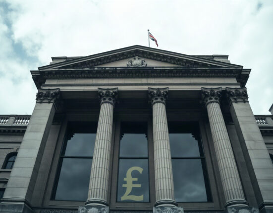 Bank of England building in London on a cloudy day, symbolizing UK monetary policy uncertainty.