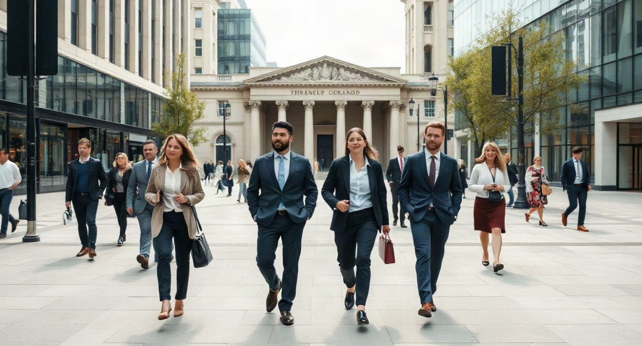 Office workers walking in London financial district amid cooling labor market