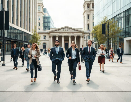 Office workers walking in London financial district amid cooling labor market