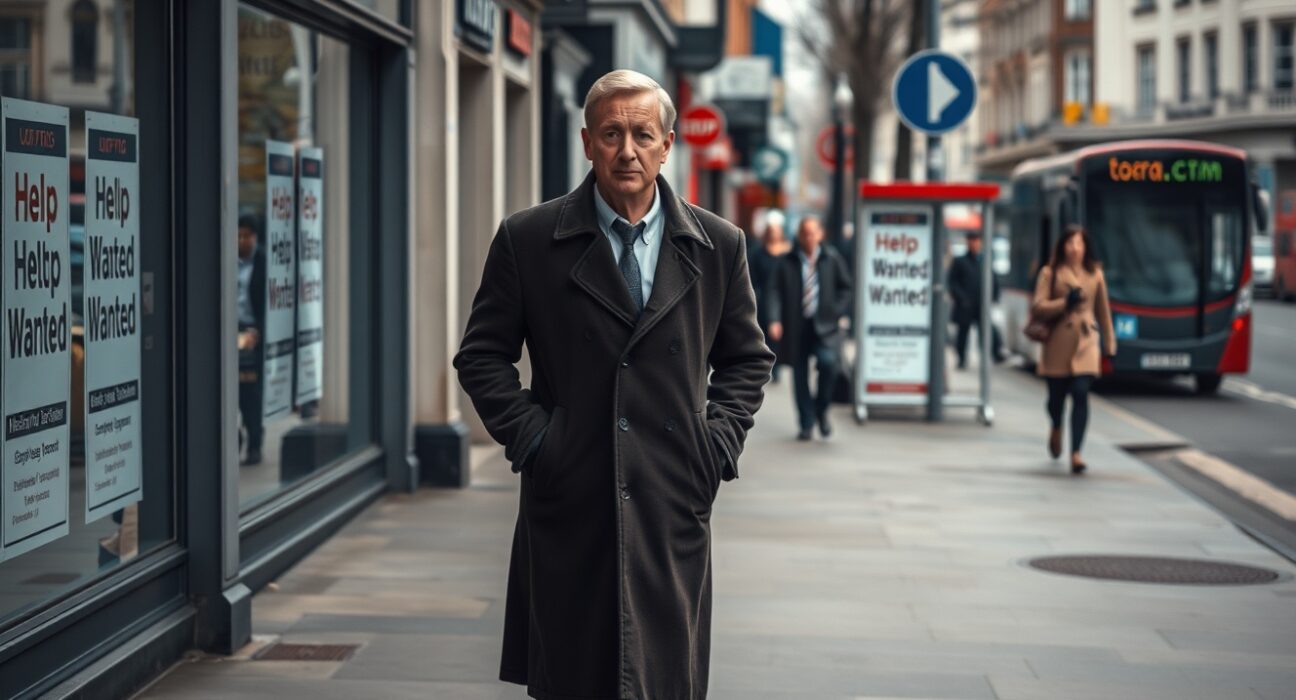 Quiet UK high street with subdued foot traffic and hiring signs in windows, reflecting sluggish jobs outlook.