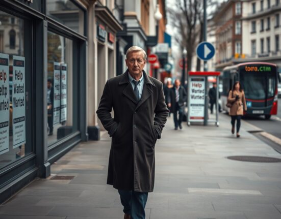 Quiet UK high street with subdued foot traffic and hiring signs in windows, reflecting sluggish jobs outlook.