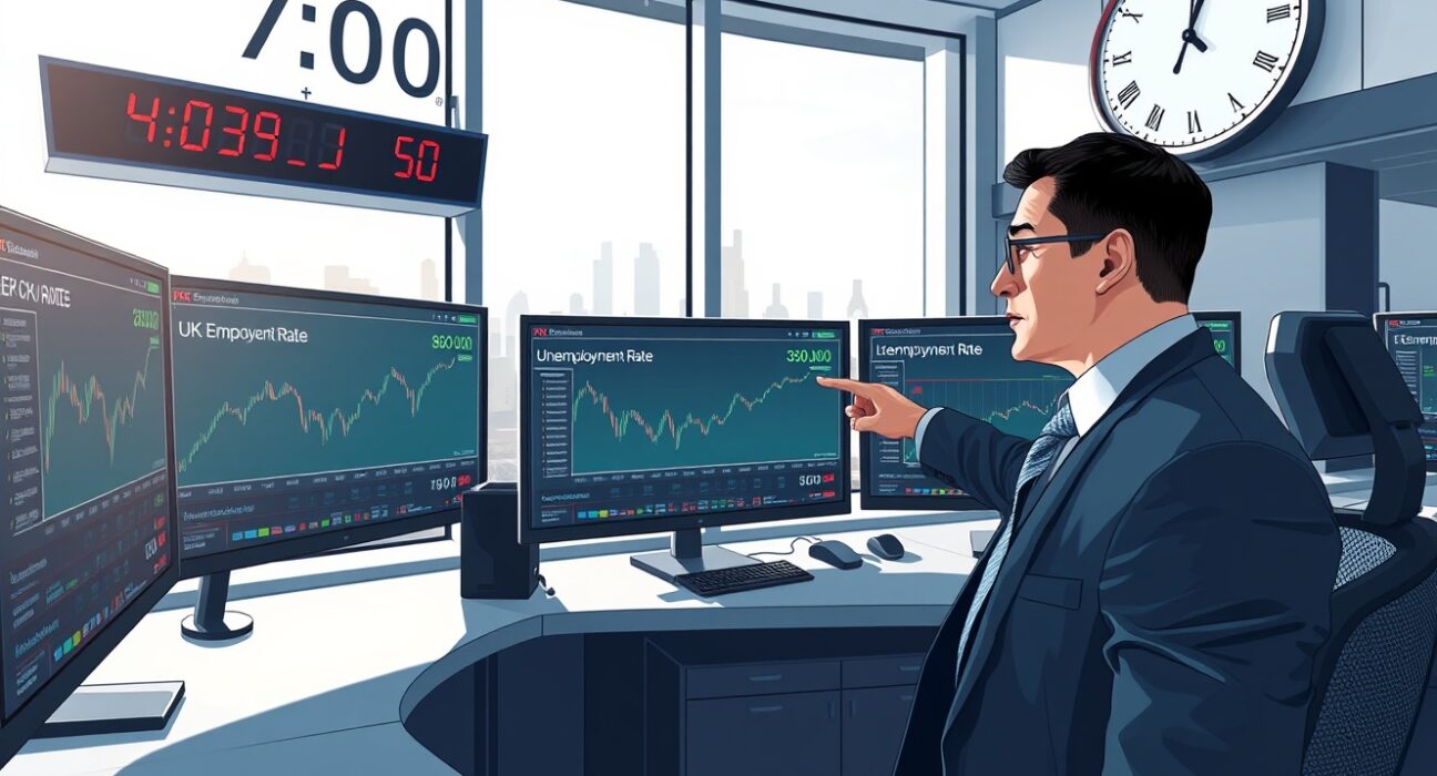 Financial analyst analyzing UK jobs report data and GBP/USD exchange rate movements in London trading environment