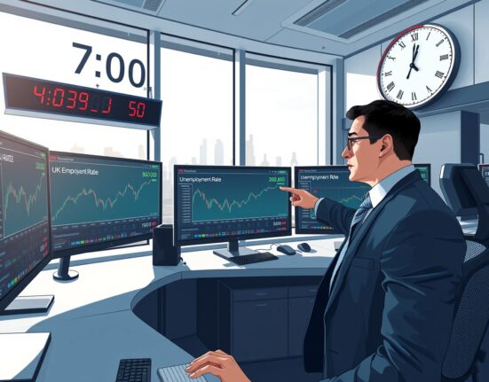 Financial analyst analyzing UK jobs report data and GBP/USD exchange rate movements in London trading environment