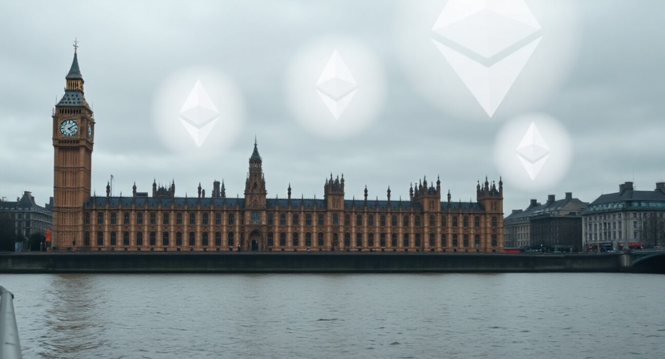 UK Houses of Parliament with faint digital cryptocurrency symbols in the sky representing a proposed ban on crypto political donations