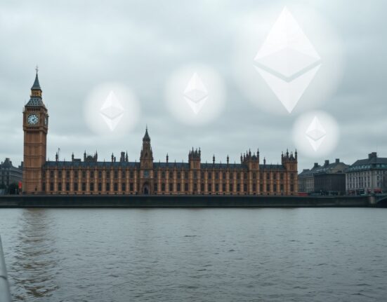 UK Houses of Parliament with faint digital cryptocurrency symbols in the sky representing a proposed ban on crypto political donations