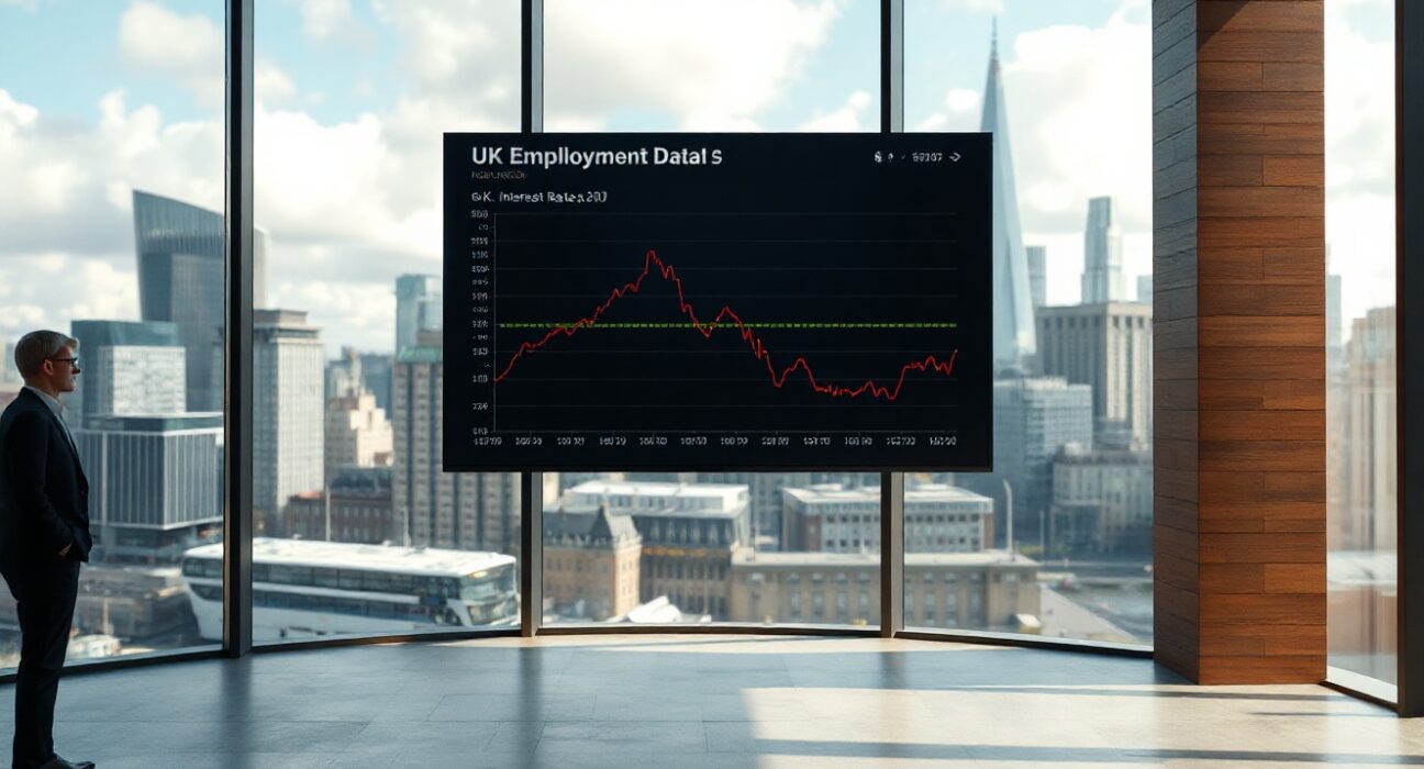 A digital display showing UK employment data and interest rate charts in a modern financial office.