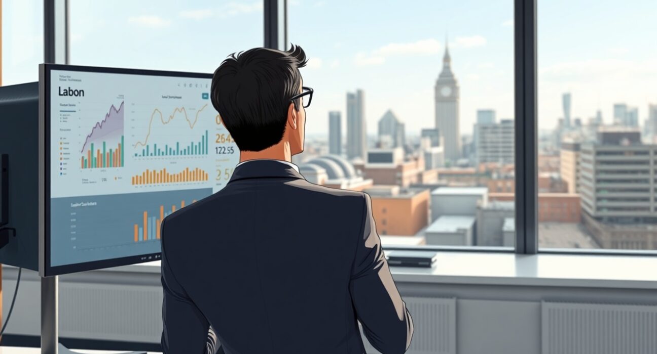 Economic analyst reviewing UK labour market data charts for Deutsche Bank report