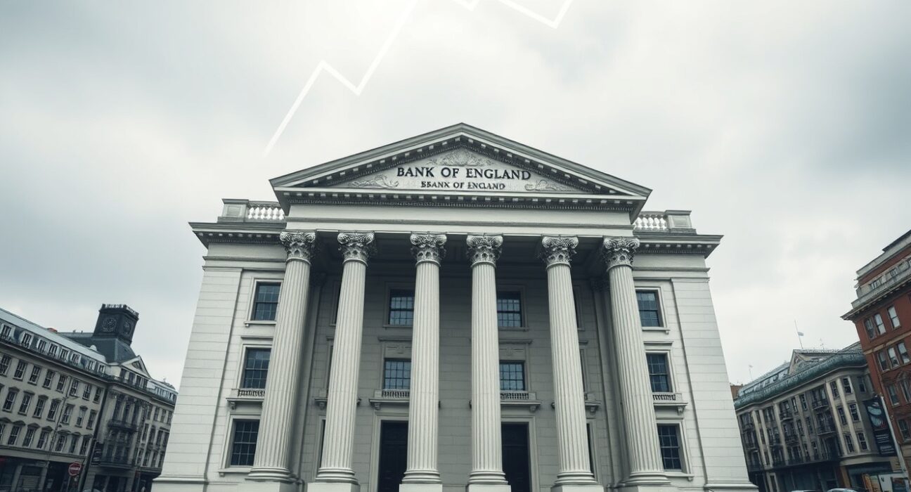 Bank of England building with declining inflation graph overlay, representing UK Labour market slack containing inflation per Standard Chartered analysis.