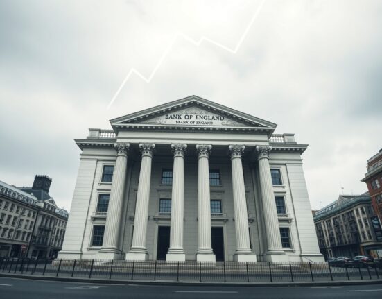 Bank of England building with declining inflation graph overlay, representing UK Labour market slack containing inflation per Standard Chartered analysis.