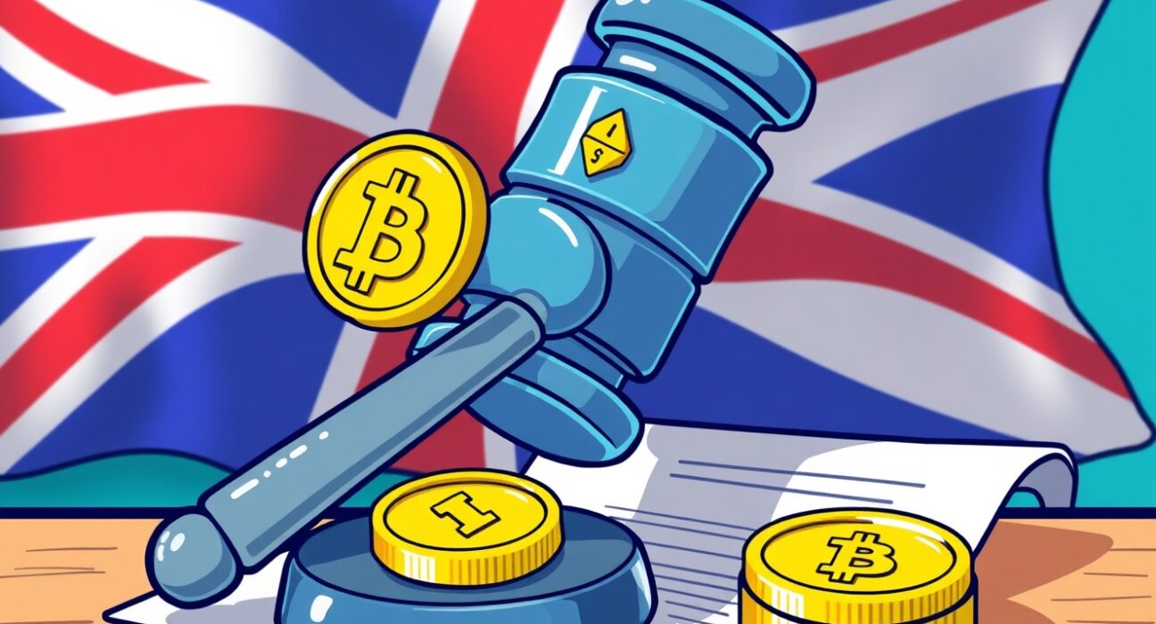 A cartoon illustration symbolizing the UK's transformative law recognizing crypto as property.