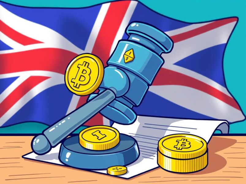 A cartoon illustration symbolizing the UK's transformative law recognizing crypto as property.
