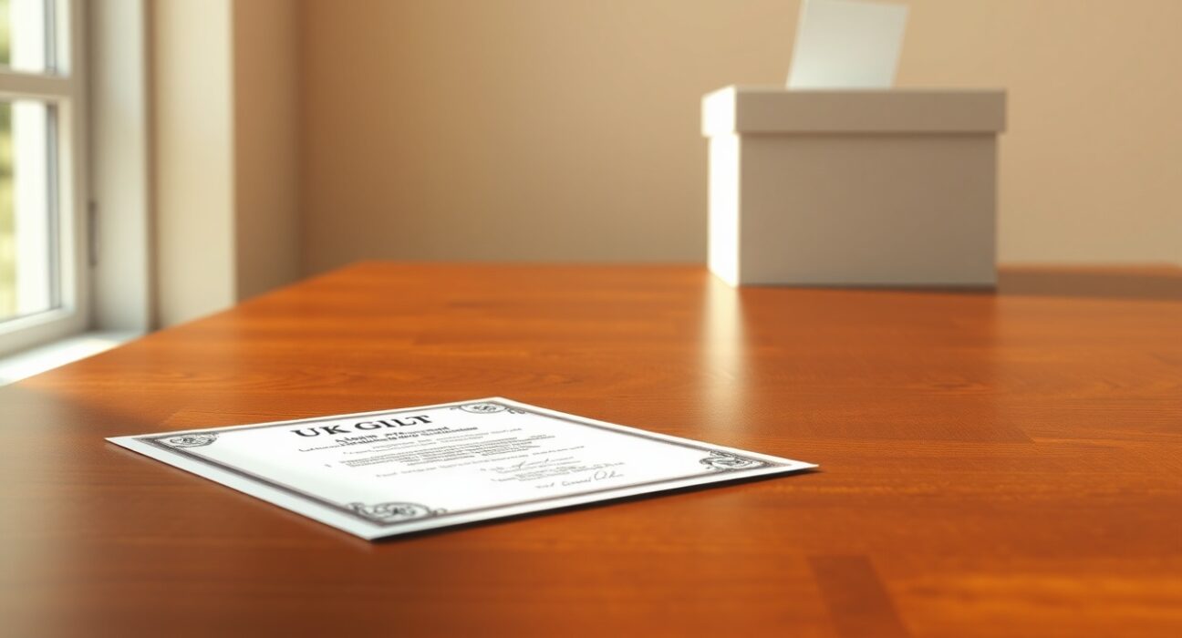 UK Gilt bond certificate with ballot box in background representing local vote risks and Gilt market focus analyzed by Standard Chartered.