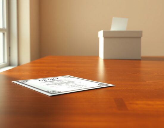 UK Gilt bond certificate with ballot box in background representing local vote risks and Gilt market focus analyzed by Standard Chartered.