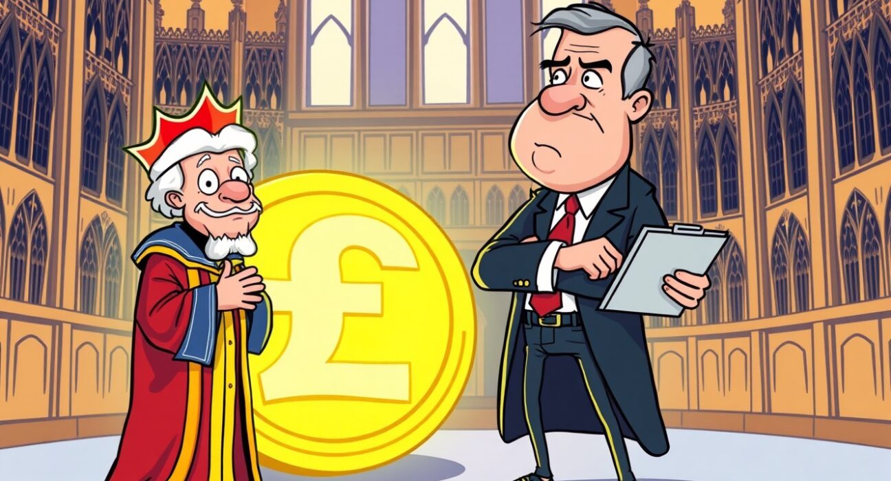 Cartoon of UK Lords debating stablecoin holding limits with the Bank of England, protecting a digital pound.