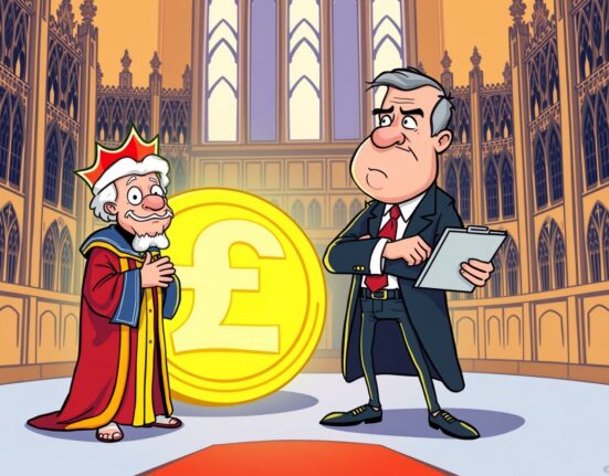 Cartoon of UK Lords debating stablecoin holding limits with the Bank of England, protecting a digital pound.