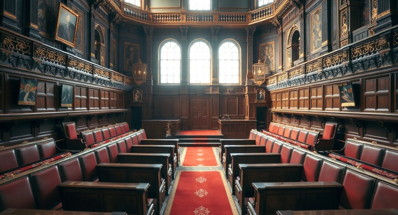 Empty UK House of Lords chamber with red benches and ornate architecture, symbolizing financial regulation debate.