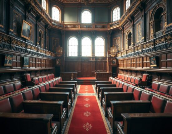 Empty UK House of Lords chamber with red benches and ornate architecture, symbolizing financial regulation debate.