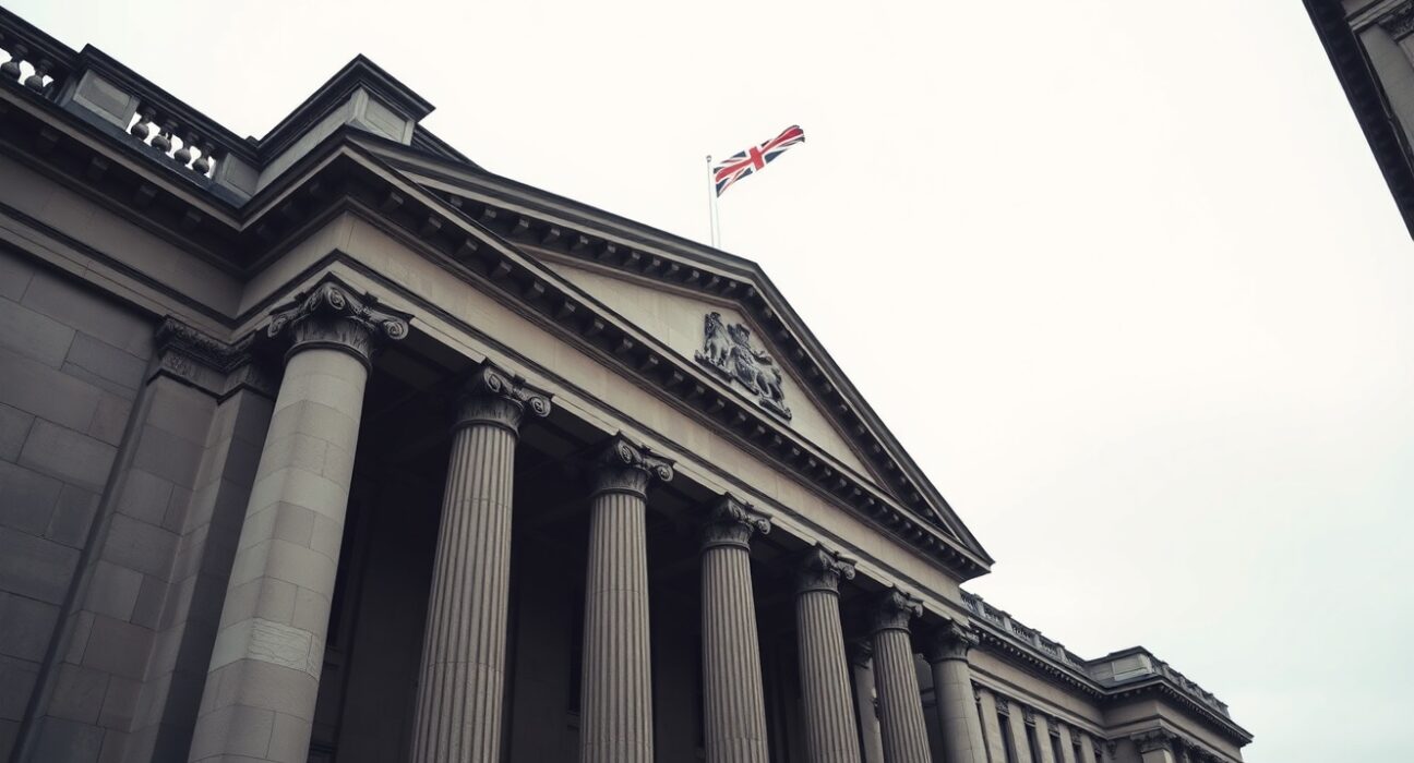 Bank of England building exterior on a cloudy day, representing UK monetary policy.