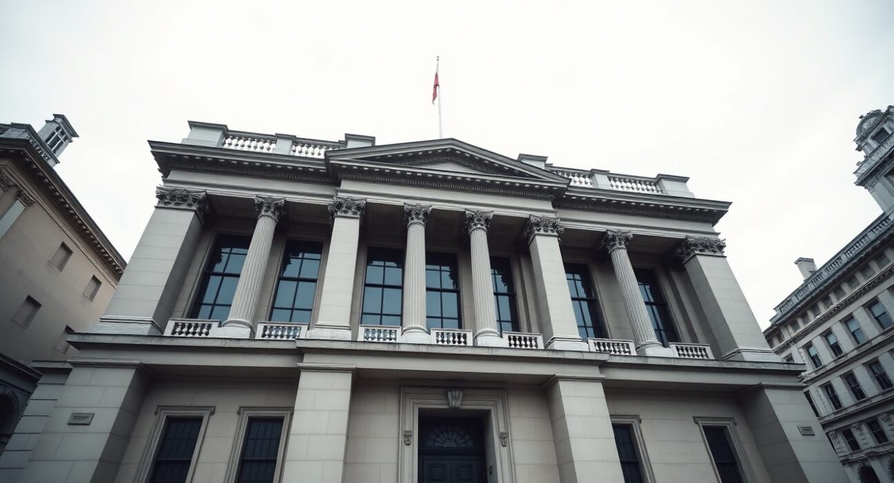 Bank of England building in London, symbol of UK monetary policy and money supply management.