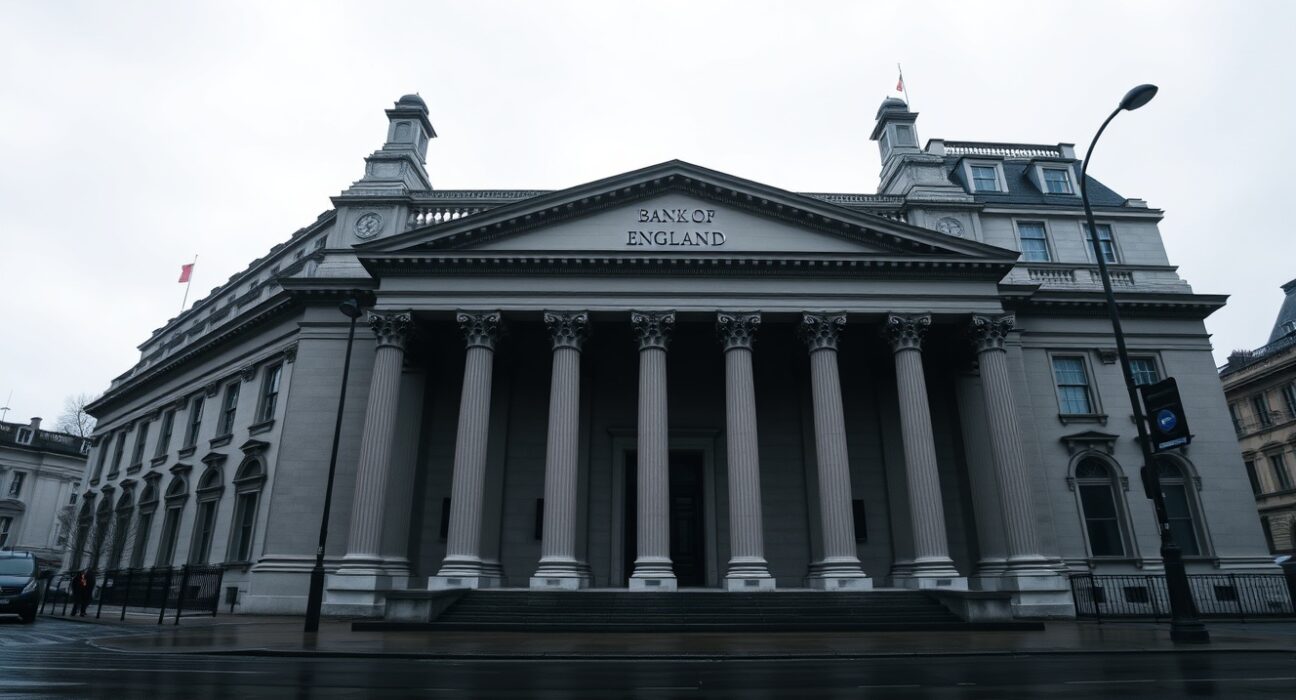 Bank of England building on Threadneedle Street in London on a cloudy day