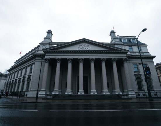 Bank of England building on Threadneedle Street in London on a cloudy day