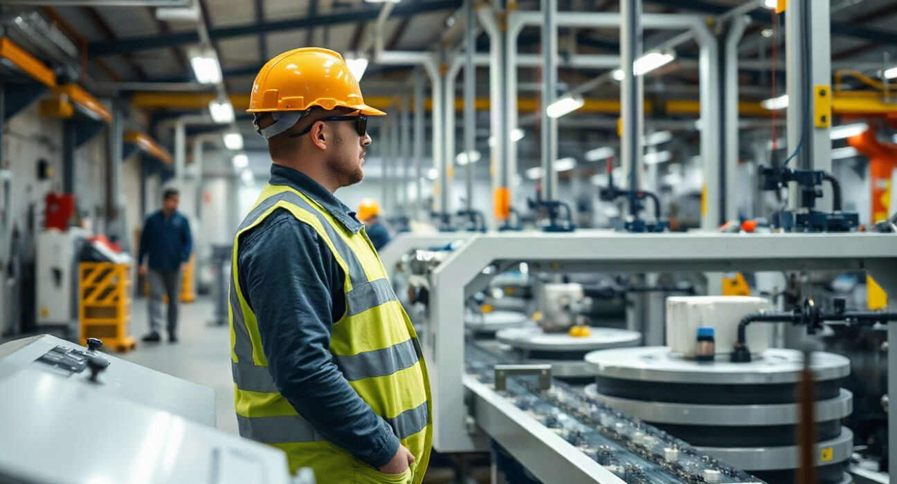 Worker monitoring machinery inside a UK manufacturing plant, representing the sector's August PMI data.