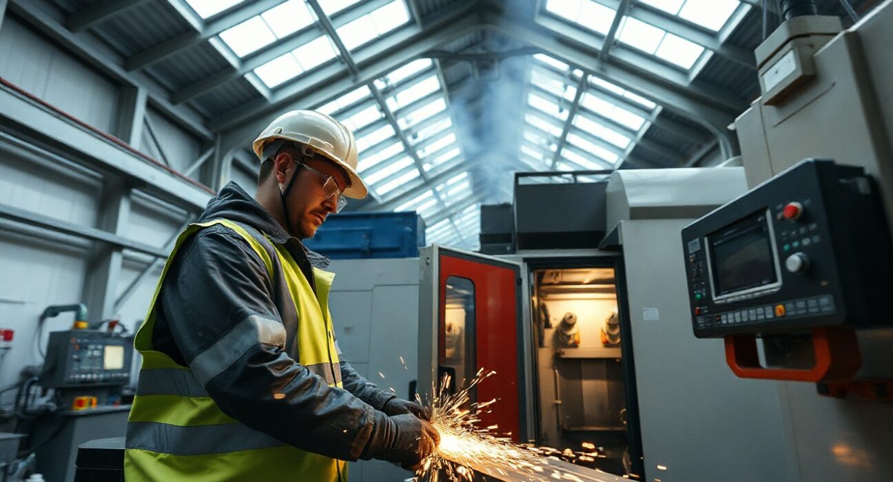 Worker operating a CNC machine in a modern UK factory, representing manufacturing activity