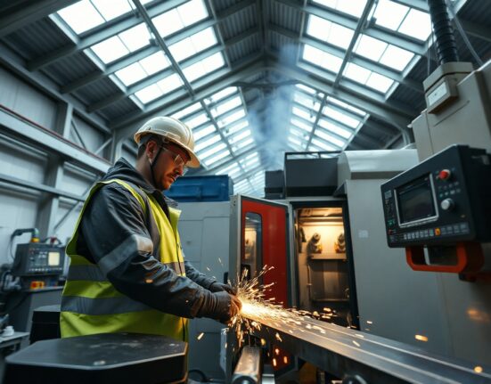 Worker operating a CNC machine in a modern UK factory, representing manufacturing activity