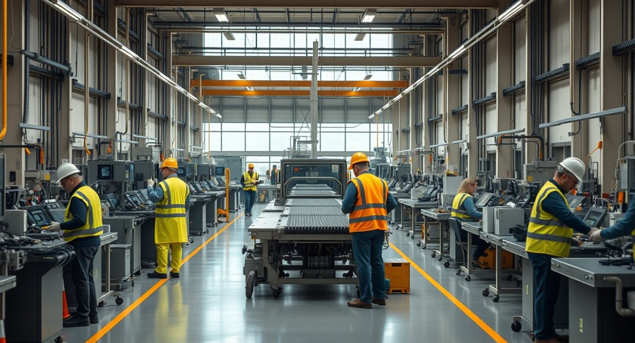 Interior of a modern UK factory with workers on the production floor