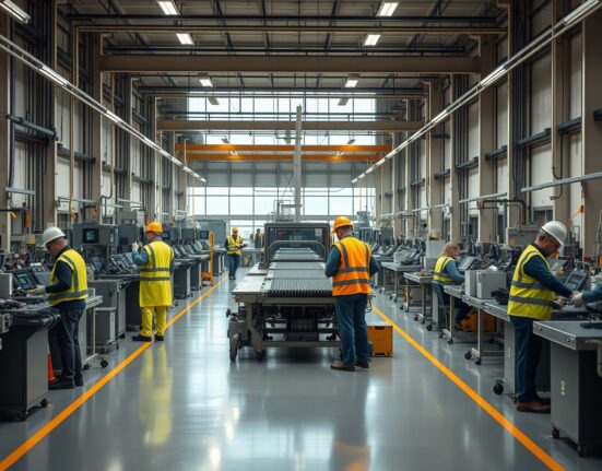 Interior of a modern UK factory with workers on the production floor