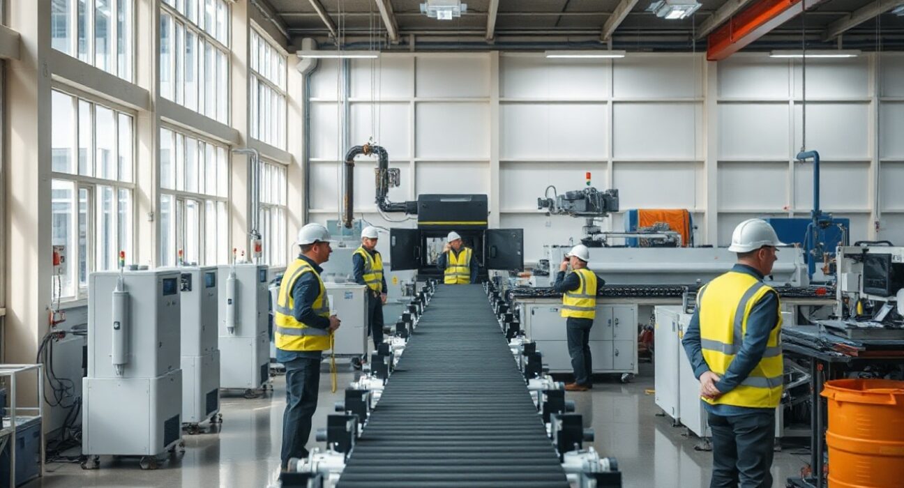 Interior of a modern UK factory with automated machinery and workers on the production line.