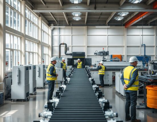 Interior of a modern UK factory with automated machinery and workers on the production line.