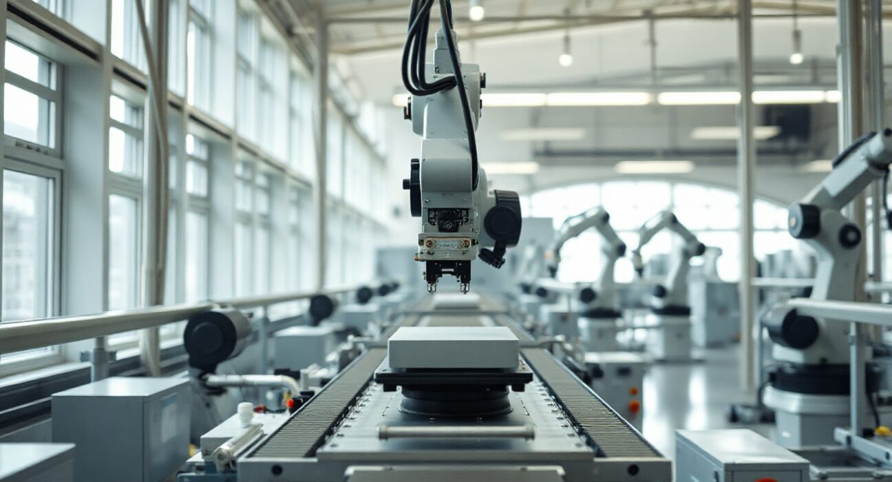 Interior of a modern UK manufacturing plant with automated production line