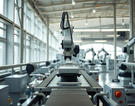 Interior of a modern UK manufacturing plant with automated production line