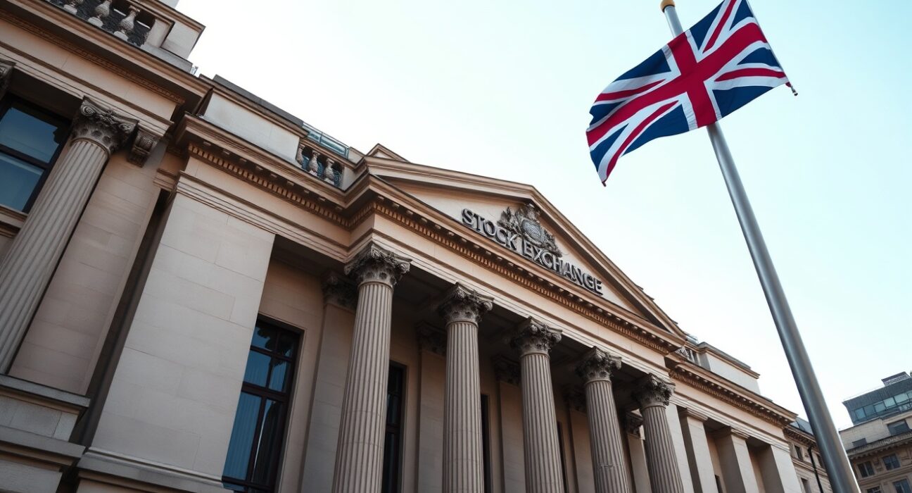 London Stock Exchange building with UK flag, symbolizing market stability and positive economic data.