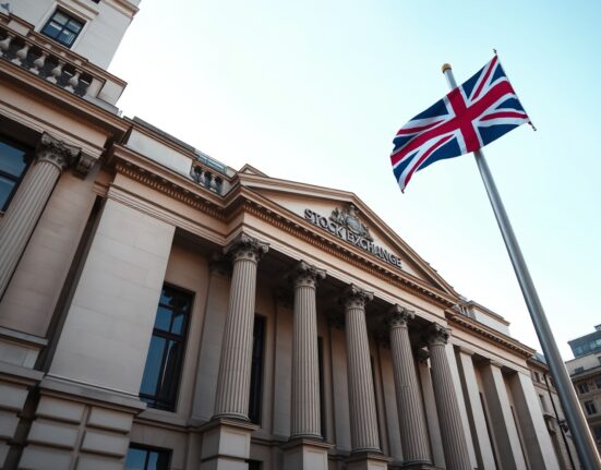 London Stock Exchange building with UK flag, symbolizing market stability and positive economic data.
